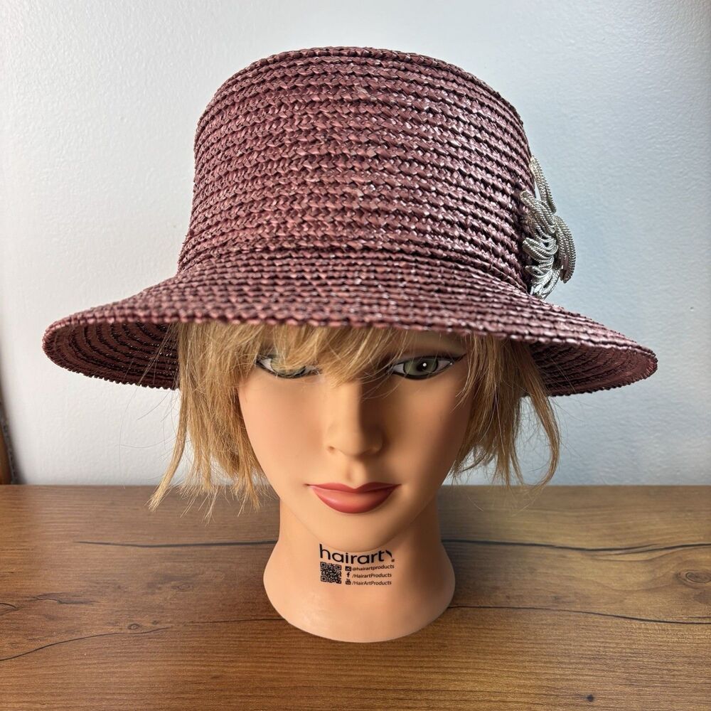 Eric Javits Woven Straw Cloche Bucket Hat Burgundy w Metallic Feather Brooch USA - Picture 2 of 10